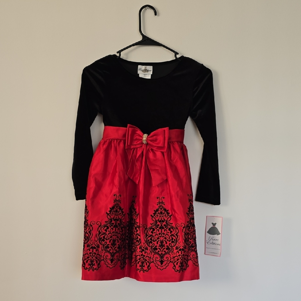 Rare Editions Girls Black Velvet Flocked Red Satin Dress Size 6X